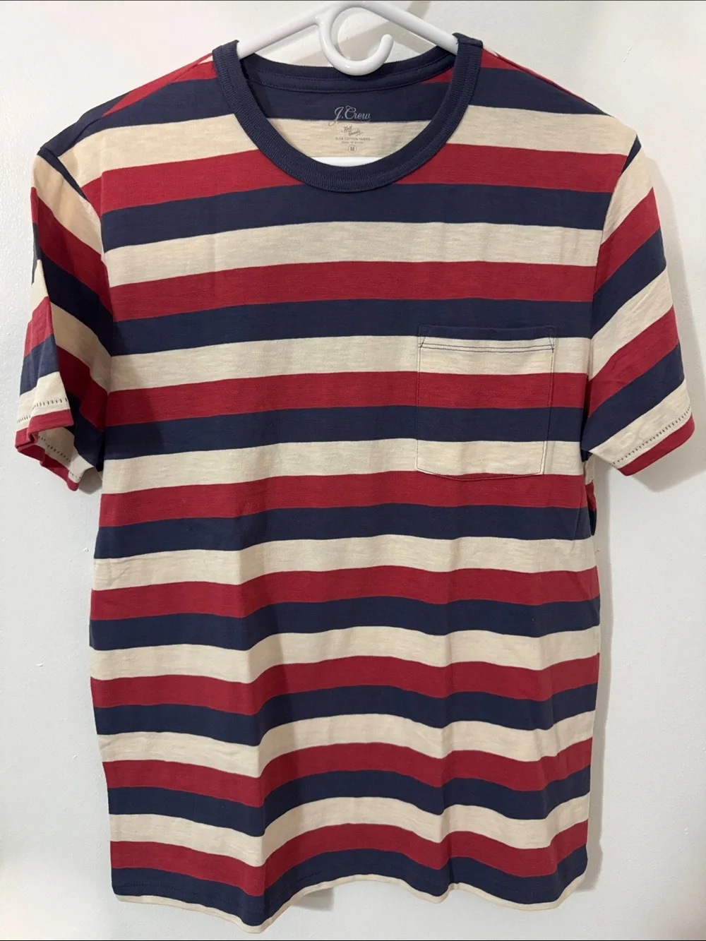 J. Crew Men’s Medium Slub Cotton Navy, Red & Cream Striped Short-Sleeve Tee NWT